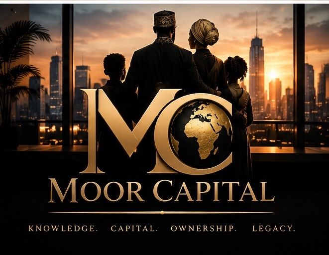 Moor Capital: a family overlooking a city at sunset, framed by a gold MC emblem and the words Knowledge, Capital, Ownership, Legacy